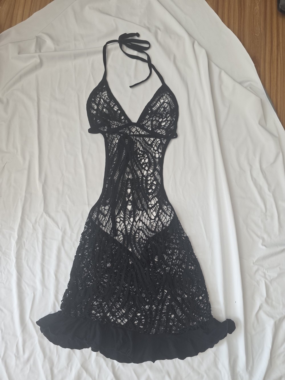 Black Crochet Halter Swim Cover-Up Dress SZ S